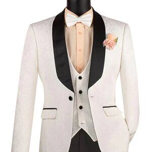 All White Mens Tuxedo - Wedding Suit - Men's Slim Fit Vested Paisley Wedding Tux